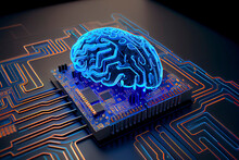 3D Rendering Of Artificial Intelligence Hardware Concept. Glowing Blue Brain Circuit On Microchip On Computer