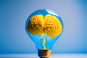 yellow brain on blue clear background yellow brain on blue clear background, concept light bulb idea