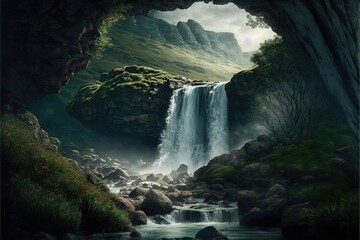 Poster - Waterfall in nature. Generative AI