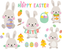 Cute Grey Easter Bunny Rabbits With Baby Chicks And Easter Eggs Vector Illustration.
