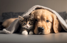 Friendship Of Puppy And Kitten - Golden Retriever Puppy And Kitten Cuddling Under A Blanket