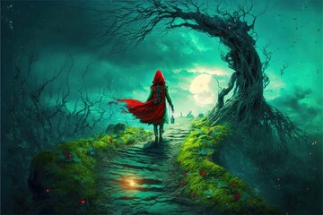 Wall Mural - A girl in a red hood near a tree