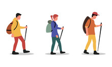 Walking And Hiking Outdoor Activity Vector Hiker With Backpack And Stick