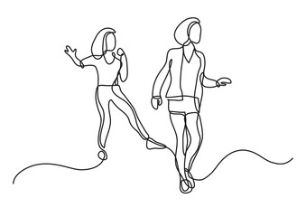 Wall Mural - continuous line drawing two girls having fun - PNG image with transparent background