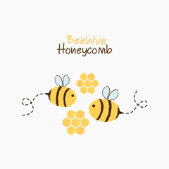 Canvas Print - Honeycomb beehive with hexagon grid cells and bee cartoon logo on white background vector illustration.