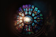 Generative AI Illustration Of Medieval Gothic Styled Window With Colorful Stained Glass In Sunlight