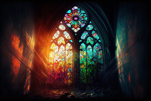 Generative AI Illustration Of Vibrant Stained Glass Window Of Cathedral With Penetrating Bright Sunlight Rays Shining In Aisle