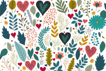 Heart And Leaves Valentine Pattern With Flowers On Transparent Background Generative Ai Digital Illustration	