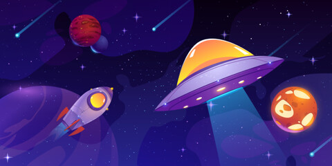 Wall Mural - cartoon rocket and alien ufo flying in outer space. vector illustration of spacecraft, stars, meteor