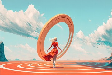 Wall Mural - A girl walks near a floating circle, an illustration of balance and lightness