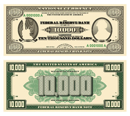 Wall Mural - Vector new 10000 dollars banknote. Obverse and reverse of US paper money in retro style with ovals. Ribbons with inscriptions, Liberty and Chase.