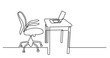 continuous line drawing of office desk with computer laptop and chair - PNG image with transparent background