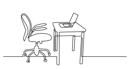 Canvas Print - continuous line drawing of office desk with computer laptop and chair - PNG image with transparent background