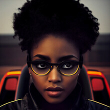 African American Female In Bomber Jacket, Driver, Street Racer,  AI Generated Portrait
