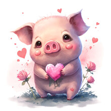 Watercolor Pig And Hearts. AI Generated Image