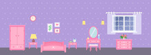 Bedroom With Window, Pink Furniture And Accessories On Purple Background. Doll House Interior Concept. Cartoon Flat Style. Vector Illustration