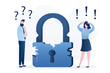 © naum - Unhappy users panicked because padlock cracked and started to break. Broken security system, hacked account, weak or bad password or security.