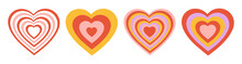Vector Set Tunnel Romantic Hearts. Retro Colorful Background In Style 70s, 80s. Concentric Hearts Isolated Icons. 