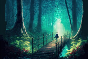 Wall Mural - A boy on a bridge in a magical blue forest,a fabulous fantasy illustration