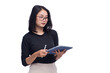 Young Business Woman Wearing Glasses Holding Clipboard