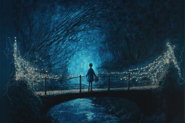 Wall Mural - A boy on a bridge in a magical blue forest,a fabulous fantasy illustration