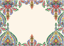 Turkish Decorative Frame. Vintage Islamic Colorful Motif Illustration In Modern Theme. Traditional Folk Artwork. Rococo Wall. Exotic Motif Design Hand Drawn Art, Mughal Vector Background