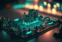The City Building Up On Neon Teal Circuit Board, AI Generative
