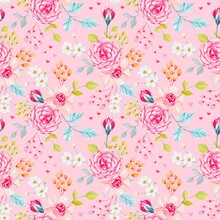 Floral Seamless Pattern On Pink Background, Watercolor Floral Background