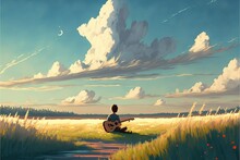 Child Sitting In The Meadow With The Guitar. A Young Boy Plays Guitar In The Meadow And Looking At The Beautiful Sky. Digital Art Style , Illustration Painting .