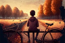 Boy Riding On The Bicycle. Boy On A Bicycle Looking At The Autumn View. Digital Art Style , Illustration Painting .
