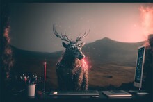 Deer On Desktop And Wild Landscape ,generative Ai