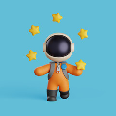 Wall Mural - 3d rendering of an astronaut juggling the yellow stars. cute mascot design