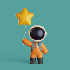 Wall Mural - 3d illustration of an astronaut holding a yellow star balloon. cute character