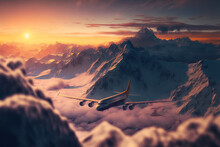 Airplane Over Snowy Mountains Amongst Clouds, Generative Ai Composite