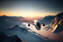 Airplane Over Snowy Mountains At Sunset, Generative Ai Composite