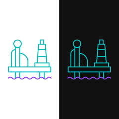 Poster - Line Oil platform in the sea icon isolated on white and black background. Drilling rig at sea. Oil platform, gas fuel, industry offshore. Colorful outline concept. Vector