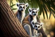 Cute Ring-tailed Lemurs From Madagascar Hanging Out In A Tree For A Vertical Photo. Generative AI