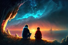 Two Boys On The Cliff. Two Brothers Sitting On The Cliff And Looking At The Mysterious Glowing Light. Digital Art Style , Illustration Painting .