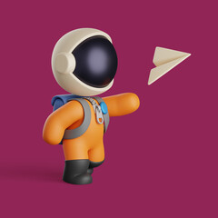 Wall Mural - 3d astronaut playing paper airplane. cute character illustration