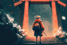 Man On The Stairs. Young Boy Walking Up The Stairs To The Torii Gate. Digital Art Style , Illustration Painting .