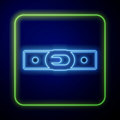 Poster - Glowing neon Leather belt with buttoned steel buckle icon isolated on blue background. Vector