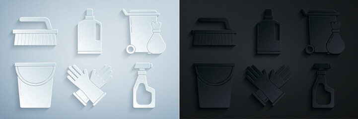 Poster - Set Rubber gloves, Trash can, Bucket, Cleaning spray bottle with detergent liquid, Plastic bottles for dishwashing and Brush cleaning icon. Vector