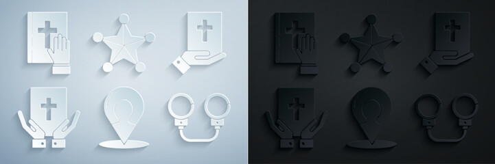 Wall Mural - Set Map marker with a silhouette of a person, Oath the Holy Bible, Handcuffs, Hexagram sheriff and icon. Vector