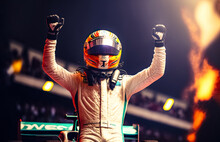 Silhouette Of Race Car Driver Celebrating The Win, Gran Prix. Digital Art	