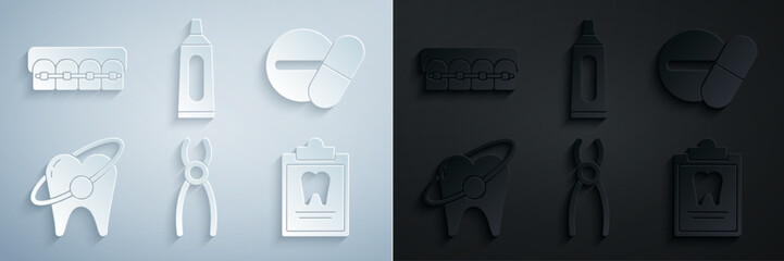 Wall Mural - Set Dental pliers, Medicine pill or tablet, Tooth whitening concept, Clipboard with dental card, Tube of toothpaste and Teeth braces icon. Vector