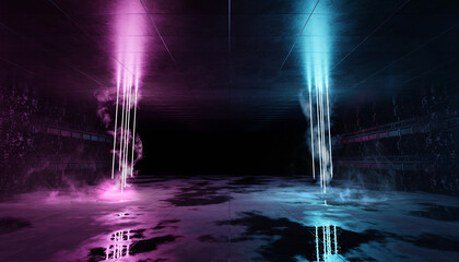 Aufkleber - Futuristic blue and pink neon lights interior. Cyber neon laser tubes in garage room hangar. Sci fi dark tunnel warehouse with metal panels wall lighted. Construction corridor 3d Rendering