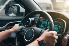 A Futuristic Vehicle And A Graphic User Interface (GUI). Connected, Intelligent Vehicles "Internet Of Things" Heading-up Display (HUD)