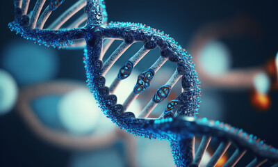 Aufkleber - Concept of the evolution of human DNA in the distant future. View under the microscope. Blue helix background close-up. Generative ai