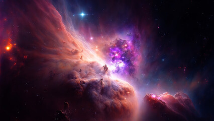 Fototapete - Large panoramic view of a colorful dark blue nebula in space. Cosmic background with bright shining stars, galaxies and deep universe. Generative ai