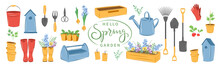 Gardening, Growing Plants, Agricultural Tools. Hello Spring Garden Text.  Vector Illustration Isolated On White.